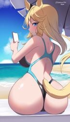 1girl absurdres animal_ears ass beach beach_umbrella black_one-piece_swimsuit blonde_hair blue_eyes blue_sky cellphone cloud commentary_request competition_swimsuit day gold_city_(umamusume) highres horizon horse_ears horse_girl horse_tail looking_at_viewer looking_back mesotto ocean one-piece_swimsuit one-piece_thong outdoors phone racerback sky smartphone solo swimsuit tail thong two-tone_swimsuit umamusume umamusume_pretty_derby umbrella