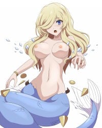 1girls absurd_res asaricurry big_breasts bikini blonde_hair blue_eyes blue_tail blush bracelet breasts completely_nude destroyed_clothing exposed_breasts exposed_pussy female female_only hair_over_one_eye hi_res isekai_maou_to_shoukan_shoujo_no_dorei_majutsu kodansha light_blush light_skin long_hair looking_at_viewer merfolk mermaid mermaid_fallen monster_girl navel nipples nude one_eye_obstructed open_mouth paid_reward_available pussy ring shell shell_bikini simple_background solo surprised tongue white_background
