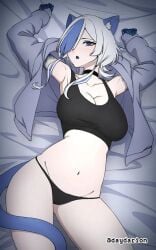 1girls 2d 2d_(artwork) 2d_artwork animal_ear_fluff animal_ears animal_tail armpits artist_insert bare_armpits bare_belly bare_hips bare_legs bare_midriff bare_navel bare_skin bare_thighs belly belly_button black_choker black_panties black_tank_top black_topwear black_underwear blue-eyed_female blue-haired_female blue_eyes blue_hair breasts cat_ears cat_tail choker cleavage coat collarbone curvaceous curvaceous_body curvaceous_female curvaceous_figure curvaceous_hips curvy curvy_body curvy_female curvy_figure curvy_hips dayyo_(daydarion/day-chan) digital digital_art digital_drawing digital_drawing_(artwork) digital_media digital_media_(artwork) drawing exposed_armpits exposed_belly exposed_hips exposed_legs exposed_midriff exposed_navel exposed_skin exposed_thighs eyebrows_hidden_by_hair female female_focus female_only female_torso grey_coat grey_jacket groin hair_covering_eye hair_over_eye hair_over_one_eye head_tilt hourglass_figure inguinal_crease inguinal_ligament jacket large_breasts lean_figure long_hair looking_at_viewer lying lying_down lying_on_back lying_on_bed midriff multicolored_hair narrow_waist navel on_back on_bed open_coat open_jacket open_mouth panties parted_lips shoulders slender_body slender_waist slim_female slim_waist solo tank_top thigh_gap thighs tilted_head tongue topwear twintails twintails_(hairstyle) underwear upper_body voluptuous voluptuous_body voluptuous_female voluptuous_figure voluptuous_woman white-haired_female white_hair wide_hips yomosaka