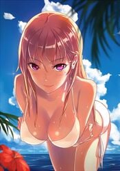 1girls bikini breasts cleavage cloud female female_only flower large_breasts long_hair mole mole_under_eye orange_hair original phantania purple_eyes sea sky solo tree