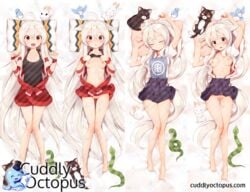 :d ahoge animal bare_legs bare_shoulders barefoot bird breasts bunny chiya_(urara_meirochou) closed_eyes clothing collarbone cuddlyoctopus dakimakura dakimakura_design feet feline female full_body hair_between_eyes happy hat kyuri_tizu legs_together lifted_by_self long_hair lying multiple_views navel nipples no_panties octopus on_back open_clothes open_mouth open_shirt pillow pussy red_skirt shirt shirt_lift short_sleeves skirt skirt_lift sleeping small_breasts snake stuffed_bunny thigh_gap uncensored urara_meirochou watermark web_address