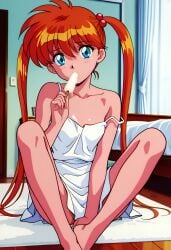 ai_generated bare_legs barefoot bed bedroom crossed_legs dress eating feet hell_teacher_nube inaba_kyouko indoors jigoku_sensei_nube knees kyoko_inaba legs licking licking_popsicle long_twintails modeling nizaemonart_(ai_generator) orange_hair popsicle recording shounen_jump sitting teenager tongue tongue_out twintails white_dress