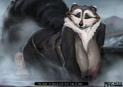 anthro big_breasts big_tail black_body black_fur breasts canid canine duo fur hair hi_res huge_breasts huge_tail human magnetus mammal nipple_piercing nipples partially_submerged piercing raccoon_dog swimming_pool tail tanuki text white_body white_fur