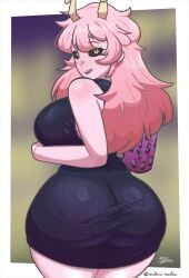 mina_ashido mina_ashido_time-skip my_hero_academia boku_no_hero_academia millow horns horned_humanoid black_sclera yellow_eyes pink_hair pink_body pink_skin dress black_dress solo tight_clothing panties_visible_through_clothing simple_background looking_at_viewer smile smiling_at_viewer handbag leopard_print sideboob arms_under_breasts blushing light_blush