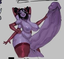 arms_behind_back arms_behind_head armwear big_breasts big_penis black_hair blue_eyes breasts cock dravisdraws futa_only futanari hand_on_hip hand_on_penis huge_cock hyper hyper_balls hyper_penis monster_girl mouth_open muffet multiple_arms penis penis_grab penis_out purple_body spider thick_thighs thighhighs thighs tongue_out undertale