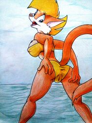 anthro armpits ass beach bikini blonde_hair breasts cameltoe cheek_tuft clarisse clothed clothing countershade_face countershade_torso countershading day detailed_background eric_schwartz feline female fur fureverick hair looking_at_viewer mammal multicolored_fur open_mouth orange_fur outside seaside smile solo standing swimsuit teeth tongue traditional_media_(artwork) tuft two_tone_fur water white_countershading white_fur