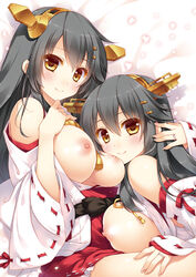 2girls black_hair blush breasts brown_eyes detached_sleeves hair_ornament hairband hairclip haruna_(kantai_collection) headgear japanese_clothes kantai_collection large_breasts long_hair looking_at_viewer multiple_girls nipples nontraditional_miko ribbon-trimmed_sleeves ribbon_trim shigunyan smile