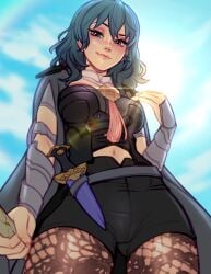 blushyspicy blushypixy fire_emblem fire_emblem:_three_houses byleth_(female)_(fire_emblem) blue_hair blue_eyes lips lipstick smile looking_at_viewer looking_down navel large_breasts blush long_hair sun detached_collar boob_window navel_cutout corset short_shorts pantyhose patterned_legwear cameltoe tight_clothes dagger