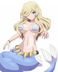 1girls absurd_res asaricurry belt big_breasts bikini blonde_hair blue_eyes blue_tail blush bracelet breasts commission female female_only hair_over_one_eye hi_res isekai_maou_to_shoukan_shoujo_no_dorei_majutsu kodansha light_blush light_skin long_hair looking_at_viewer merfolk mermaid mermaid_fallen monster_girl navel one_eye_obstructed paid_reward_available parted_lips pixiv_request ring shell shell_bikini simple_background solo white_background