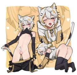 artist_request ass asshole balls blushing cat_ears cat_tail catboy cum cum_on_face femboy lifting_shirt mr_chicken_nuggets_(vtuber) nipples open_mouth penis showing_off thigh_high_socks