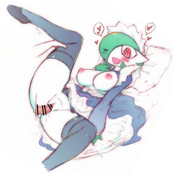 1boy 1girls black_footwear black_legwear blush breasts censored closed_mouth dress female gardevoir hair_over_one_eye heart holding human ikanomaru interspecies leg_grab looking_at_viewer maid male motion_lines nintendo nipples no_panties on_back open_mouth pillow pokemon pokemon_(species) pokemon_rse red_eyes sex skirt smile spoken_heart spread_legs straight thighhighs tongue white_background