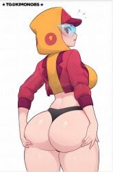 1girl ai_generated artist_name ass ass_focus back_view black_panties blush brawl_stars breasts crop_top flying_sweatdrops from_behind genderswap genderswap_mtf hat heterochromatic_eyewear kimonobs large_breasts looking_at_viewer looking_back max_(brawl_stars) panties profile shiny_skin short_hair sideways_glance simple_background solo supercell tagme thong tinted_eyewear underwear white_background