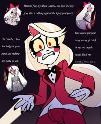 a24 amazon_prime hazbin_hotel vivienne_medrano vivziepop charlie_morningstar_(hazbin_hotel) vaggie vaggie_(hazbin_hotel) ai_generated accurate_art_style 2girls 1futa futanari sexual_fantasies sexual_fantasy fantasizing fantasy sexual_thoughts titfuck paizuri dirty_talk erotic_fantasy bulge bulge_under_clothes erection erection_under_clothes erection_bulge erection_in_pants blonde_hair horny clothed_futa_nude_female big_breasts nipples pussy ass text looking_at_viewer penis