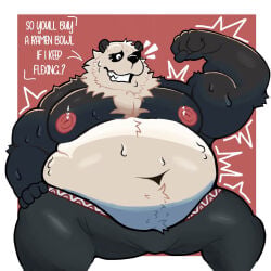 male male_only furry anthro zenless_zone_zero pan_yinhu panda giant_panda black_fur white_fur overweight overweight_male overweight_anthro penis balls solo solo_male crococola flexing text flaccid bulge shirtless sweat sweating sitting