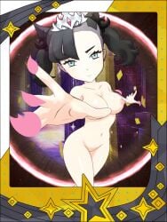 1girls b0x22 black_hair clear_eyes female female_nude female_only marnie_(champion)_(pokemon) marnie_(pokemon) pokemon pokemon_masters pokemon_masters_ex pokemon_swsh posing setoedits smiling smiling_at_viewer tiara trainer_card twin_tails