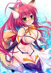 animal_ears black_legwear blush breasts cleavage cleavage_cutout elbow_gloves erect_nipples female fox_ears fox_tail gloves green_eyes hagino_kouta highres large_breasts long_hair nipples open_mouth original pink_hair ponytail red_hair sash see-through_silhouette solo tail thighhighs tied_hair very_long_hair wet