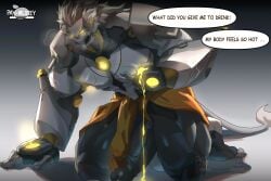 balls banyue_(zenless_zone_zero) bara big_penis blush boner erection humanoid lion lion_humanoid long_hair machine male male_only mlxxey muscles muscular on_knees penis robot robot_anthro robot_humanoid solo solo_male speech_bubble zenless_zone_zero