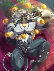 balls banyue_(zenless_zone_zero) baoding_balls bara boner erection humanoid leg_up lion lion_humanoid long_hair machine male male_only muscles muscular nude penis pose precum quuynart robot robot_anthro robot_humanoid solo solo_male zenless_zone_zero