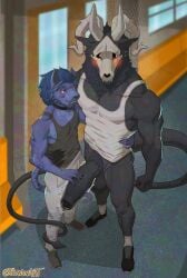 2026 anthro balls big_balls big_penis biped black_balls black_body black_fur black_glans black_penis blue_body blue_fur blue_hair blush bone bottomless bottomless_anthro bottomless_male clothed clothing demon digital_media_(artwork) duo embarrassed felid feline foreskin fur genitals glans hair hand_on_penis hi_res horn humanoid_genitalia humanoid_penis larger_male looking_aside male male/male mammal muscular muscular_anthro muscular_male penis pubes public public_nudity public_transportation red_eyes roderick_(elsifthewolf) shirt shy size_difference skull skull_head smaller_male spade_tail tail tank_top topwear travon vein veiny_penis white_eyes