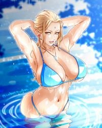 1girls saburo_des highres high_resolution tsunade naruto_(series) naruto mature mature_female mature_woman milf blonde_hair hair forehead_jewel brown_eyes lips huge_breasts big_breasts breasts watermark artist_name solo solo_female female female_only cleavage large_breasts water wet wet_skin wet_body hands_on_head red_nails red_nail_polish nails nail_polish necklace neckwear blue_bikini bikini bikini_top bikini_bottom topwear bottomwear swimwear