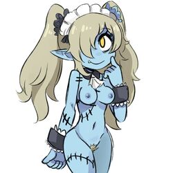 blonde_hair blue_skin detached_collar female frills hair_over_one_eye long_hair maid_headdress monster_girl navel nude opeipiao original pointy_ears pubic_hair simple_background smile solo stitches tied_hair twintails white_background wrist_cuffs yellow_eyes zombie