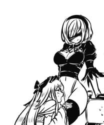 android blindfolded bow clothed_sex deepthroat drag-on_dragoon drag-on_dragoon_3 drakengard drakengard_3 fellatio female futa_on_female futanari hand_on_head intersex invader long_hair magicalgirlnoir monochrome nier:_automata nier_(series) oral protoculture yorha_2b zero_(drag-on_dragoon) zero_(drakengard)