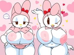 2girls animal_ears animal_hood anthro areola areolae big_breasts black_eyes blue_eyeshadow blush blush_stickers bouncing_breasts bow breast_jiggle breasts bunny_ears bunny_girl capelet cassettedream chubby chubby_anthro chubby_female cleavage closed_mouth clothing cute digital_media_(artwork) dream-cassette eyeshadow female female_only furry furry_female hairbow half-closed_eyes hand_on_own_hip hood hoshime huge_breasts jiggle large_areolae looking_at_viewer makeup multiple_girls my_melody my_melody's_mother nipples nude nude_female one_eye_closed onegai_my_melody open_mouth panties pink_background pink_hood red_bow sanrio simple_background slightly_chubby slightly_chubby_anthro slightly_chubby_female smile solo solo_female sparkle split_mouth spoken_ellipsis thick_thighs underwear waving whiskers white_fur wide_hips