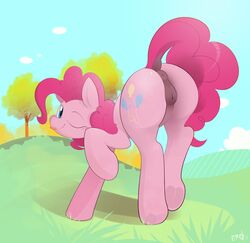 anus ass_up blue_eyes braddo cute cutie_mark dock equine female feral friendship_is_magic fur grass looking_at_viewer mammal my_little_pony nature one_eye_closed outside pink_fur pinkie_pie_(mlp) pussy solo tongue tongue_out underhoof wink