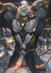 male male_only bara muscles muscular zenless_zone_zero banyue_(zenless_zone_zero) robot robot_humanoid robot_anthro machine humanoid long_hair lion lion_humanoid penis balls sylvein_art nude boner erection tongue_out hands_behind_head anal anal_sex sex cum orgasm cum_in_ass