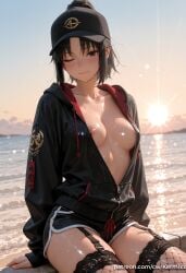 ryougi_shiki ai_generated kermixx kara_no_kyoukai 1girl solo breasts looking_at_viewer blush smile short_hair bangs black_hair thighhighs long_sleeves hat medium_breasts sitting closed_mouth nipples collarbone jacket ponytail sidelocks sweat outdoors one_eye_closed open_clothes sky shorts black_thighhighs hood black_jacket wet short_shorts black_headwear no_bra hoodie ocean garter_straps beach black_shorts hood_down fishnets baseball_cap zipper drawstring nipple_slip unzipped zipper_pull_tab partially_unzipped