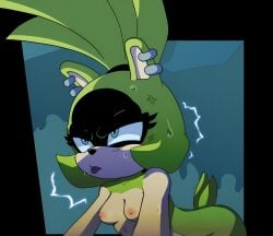rafaknight-rk 1girl furry_female furry green_fur female tongue anthro solo animal_ears tongue_out animal_nose body_fur small_breasts sweat black_border completely_nude breasts earrings two-tone_fur tail nipples green_hair half-closed_eyes multiple_earrings nude topknot anger_vein jewelry sonic_the_hedgehog_(series) all_fours looking_up blue_eyes collarbone short_hair upper_body rolling_eyes electricity outside_border aqua_eyes dog_girl angry leaning_forward open_mouth yellow_fur dog_ears lightning_bolt_symbol white_fur lightning blue_background blush white_border cat_girl medium_breasts v-shaped_eyebrows hair_tie piercing single_earring afrosoricid bending bent_over cross-popping_vein ear_piercing ear_ring fur green_body hair idw_publishing mammal ponytail ring_piercing sega sonic_(series) sonic_the_hedgehog_(comics) sonic_the_hedgehog_(idw) surge_the_tenrec tenrec third-party_edit