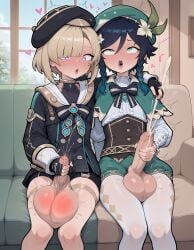 noodle_jacuzzi ai_generated blush aroused looking_pleasured v-shaped_eyebrows rolling_eyes cross-eyed :o hand_on_own_penis clenched_balls sitting side-by-side feet_out_of_frame duo 2boys male_focus ejaculation cum excessive_cum intense_orgasm impact_lines throbbing twitching trembling orgasm motion_lines motion_blur afterimage masturbation on_couch arm_around_shoulder full_face_blush freminet_(genshin_impact) femboy girly blonde_hair medium_hair blunt_bangs hair_over_one_eye long_eyelashes flat_chest black_hat beret black_gloves fingerless_gloves black_coat black_shorts short_shorts horny open_mouth heart-shaped_pupils penis_awe small_penis foreskin precum precum_squirt huge_balls gigantic_balls hyper_balls reddened_balls spanked_balls looking_at_penis venti_(genshin_impact) light_skin dark_blue_hair flipped_hair white_flower_hair_ornament braided_forelocks aqua_eyes humanoid_penis large_penis large_balls green_hat green_capelet white_shirt black_corset green_shorts puffy_shorts white_tights ahegao sph