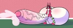 anthro balls big_balls big_penis blush bodily_fluids clothing colored_cum countershading cum ear_piercing ear_ring ejaculation eyelashes femboy fur genital_fluids genitals green_eyes hair hand_on_penis hi_res highlights_(coloring) huge_balls huge_penis hyper hyper_balls hyper_genitalia hyper_penis lagomorph legwear male mammal masturbation nipples pattern_background pattern_clothing pattern_legwear pattern_stockings penis piercing pink_body pink_cum pink_fur pink_hair pink_nipples puffy_nipples ring_piercing simple_background solo sprucy stockings striped_clothing striped_legwear striped_stockings stripes unusual_bodily_fluids unusual_cum unusual_genital_fluids whiskers white_body white_countershading