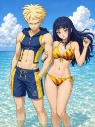 1boy 1boy1girl 1girls ai_generated bare_arms bare_legs bare_shoulders bare_thighs beach bikini bikini_bottom bikini_top blonde_hair blue_eyes blue_hair blue_hoodie blue_jacket blue_swimwear blush boruto:_naruto_next_generations boruto:_two_blue_vortex boyfriend-girlfriend choker couple cute facial_markings female height_difference hi_res high_resolution highres himawarishusband hips hoodie hourglass_figure jacket konohagakure_symbol light-skinned_female light-skinned_male light_skin lips lipstick long_hair makeup male male/female messy_hair naruto naruto_(series) ocean on_beach pale-skinned_female pale-skinned_male pale_skin petite petite_body petite_female pink_lips pink_lipstick shonen_jump shorts shounen_jump shueisha straight swimming_trunks swimsuit uzumaki_himawari very_high_resolution wavy_hair weekly_shonen_jump weekly_shounen_jump whisker_markings whiskers wide_hips yamanaka_inojin yellow_bikini yellow_bikini_bottom yellow_bikini_top yellow_hair yellow_panties yellow_swimsuit
