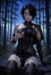 1futa ai_generated black_hair breasts bulge bulge_through_clothing cinder_fall erection erection_under_clothes eyepatch futa_only futanari light-skinned_futa penis rwby short_hair small_breasts solo sparcy thighhighs yellow_eyes