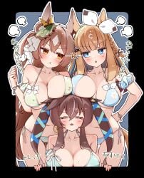 3girls :t absurdres almond_eye_(umamusume) animal_ears asymmetrical_docking bikini bow_hairband braid braided_sidelocks breast_press breasts brown_hair cleavage colored_inner_hair commentary_request ear_ornament ear_ribbon eye_contact gingham_bikini gingham_clothes green_background hairband halterneck highres horse_ears horse_girl horse_tail large_breasts lightning_glare long_hair looking_at_another multicolored_hair multiple_girls ponta_(1859ysmssstsp) satono_diamond_(umamusume) side-tie_bikini_bottom sidelocks stare_down swimsuit symbol-shaped_pupils tail thighs umamusume umamusume_pretty_derby vivlos_(umamusume) white_bikini white_hairband x-shaped_pupils