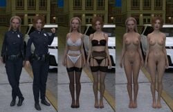 2girls 3d ass black_bra black_panties bra clothed/nude down_out_stripped female female_only full_body garter_belt garter_straps nude nude_female original panties police police_uniform policewoman sequence white_bra white_panties