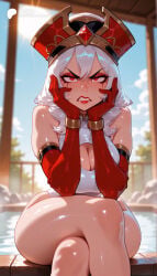 cartoony cartoon big_ass big_breasts large_breasts large_ass 1girls 1girl straight female solo_focus female_focus blurry_background blurred_background depth_of_field breasts ass thin_waist small_waist ai_generated odexai thick_thighs wide_hips absurd_res absurdres hi_res highres high_resolution high_quality sally_whitemane world_of_warcraft wow warcraft window red_eyes white_hair cleavage cleavage_cutout makeup thighs shiny_skin bare_shoulders hair_between_eyes blush medium_hair long_hair clenched_teeth angry eyeshadow gloves elbow_gloves hat clothing_cutout leotard crossed_legs sitting looking_at_viewer water wet steam outdoors onsen solo blurry sun red_gloves hands_on_own_face hands_on_own_cheeks teeth red_headwear red_lips sky day white_leotard soaking_feet runny_makeup blue_sky highleg cloud jewelry lipstick