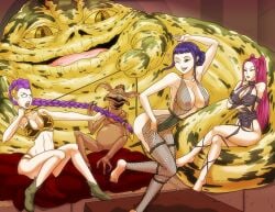 2boys 3girls angry_expression angry_face anthro arms_crossed_under_breasts asian_female ass belly_dancer belly_dancer_outfit big_ass big_breasts black_hair braided_hair breasts brown_eyes chain_leash chained cleavage cosplay crossover crossover_cosplay dancing dancing_girl female flirting_look hutt jabba's_palace jabba_the_hutt kpop_demon_hunters large_breasts long_hair lyn_me_(cosplay) magenta_hair male mira_(kpop_demon_hunters) multiple_boys multiple_girls multiple_males oola_(cosplay) ponytail pulling_hair purple_hair rumi_(kpop_demon_hunters) salacious_crumb second-party_source short_hair slave_bikini slave_collar slave_girl slave_leia_(cosplay) slave_outfit smile star_wars straight teasing visible_nipples wadevezecha winking zoey_(kpop_demon_hunters)