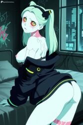 digitalwaifugallery ai_generated patreon seductive sexy uncensored watermark hi_res high_quality high_resolution rebecca_(edgerunners) cyberpunk:_edgerunners 1girl breasts nipples solo ass red_sclera twintails underwear colored_sclera bra jacket looking_at_viewer leg_tattoo green_hair colored_skin tattoo long_hair panties green_eyes blush black_panties indoors black_bra black_jacket artificial_eye medium_breasts white_skin cyborg red_pupils mechanical_eye looking_back hairband pillow bed on_bed bra_pull