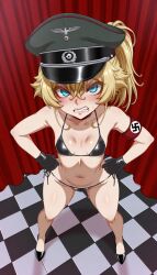 angry armband back_view blonde_hair blue_eyes embarrassed heels highres huge_ass invitation micro_bikini nazi nazi_uniform ninzer petite short_hair small_breasts swastika tanya_degurechaff youjo_senki