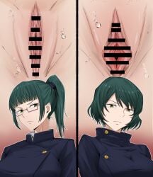 2girls 369_(editorsakura) bar_censor blue_jacket blunt_bangs breasts buttons clitoral_hood clitoris closed_mouth female freckles frown glaring glasses gradient_background green_eyes green_hair jacket jujutsu_kaisen jujutsu_tech_uniform large_breasts long_hair looking_at_viewer mai_zenin maki_zenin medium_hair multiple_girls multiple_views pink-framed_eyewear png ponytail purple-framed_eyewear pussy pussy_comparison red_background school_uniform semi-rimless_eyewear short_hair sisters swept_bangs water_drop yellow_eyes zen'in_maki zenin_mai zenin_maki