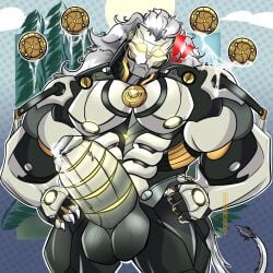 male male_only bara muscles muscular zenless_zone_zero banyue_(zenless_zone_zero) robot robot_humanoid robot_anthro machine humanoid long_hair lion lion_humanoid penis balls solo solo_male dorksy nude boner erection big_penis exclamation_point ! baoding_balls