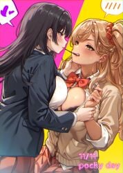 shashaki galholic momoka_(galholic) nanaho_(galholic) absurdres highres 2girls black_bra black_hair black_jacket blazer blonde_hair bow bowtie bra bra_peek breast_press breasts brown_cardigan cardigan collared_shirt eye_contact food gyaru hair_ornament hair_scrunchie hand_on_another's_cheek hand_on_another's_face heart holding_another's_wrist jacket large_breasts long_hair long_sleeves looking_at_another multiple_girls nail_polish pink_background pleated_skirt pocky pocky_day pocky_kiss purple_eyes red_bow red_bowtie red_nails red_scrunchie red_skirt school_uniform scrunchie shirt skirt spoken_blush spoken_heart symmetrical_docking two-tone_background underwear white_background yellow_background yellow_eyes yuri