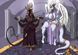 absurd_res anthro big_breasts bottomwear breasts clothing crush deity dominant dominant_female dragon duo female female/female footwear halo hi_res high_heels jewelry loincloth macro mammal micro murid murine mythological_creature mythological_scalie mythology ndrnight nighta_(ndrnight) planet rat rodent scalie shoes veil wings