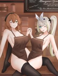 2girls alternate_version_at_source alternate_version_available apron big_breasts blonde_hair blue_eyes blush bottomless breasts brown_hair female female_only girls'_frontline girls'_frontline_2:_exilium green_eyes grumbler2393 holding_hands indoors large_breasts long_hair looking_at_viewer multiple_girls naked_apron one_eye_closed ponytail scissoring sharkry_(girls'_frontline_2) side_ponytail smile springfield_(cafe)_(girls'_frontline) springfield_(girls'_frontline) springfield_(girls'_frontline_2) thighhighs tribadism yuri