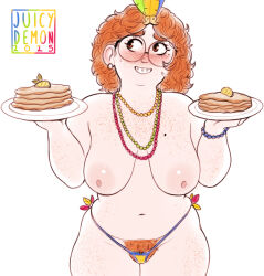 bush freckles freckles_on_face g-string ginger glasses juicydemon mardi_gras rachel_(juicydemon) red_hair