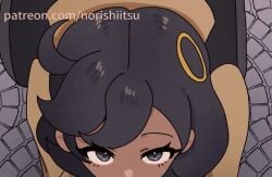 1girl 1girls :>= black_hair blowjob bodysuit clothed_female cropped cropped_jacket dark-skinned_female dark_skin emma_(pokemon) emma_(pokemon_legends:_z-a) eye_contact fellatio female_focus female_only gif gray_eyes implied_fellatio implied_oral implied_sex looking_at_viewer matiere_(pokemon) matiere_(pokemon_legends:_z-a) nintendo norishiitsu on_all_fours paid_reward_available patreon pokemon pokemon_legends:_z-a