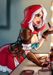 blushyspicy blushypixy overwatch ashe_(overwatch) white_hair blue_eyes eyelashes mascara scar lips lipstick makeup lipstick_tube applying_makeup cleavage large_breasts breasts red_riding_hood_(cosplay) red_hood corset blouse skirt frilled_skirt long_hair