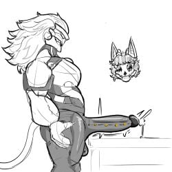 balls banyue_(zenless_zone_zero) bara big_penis boner cyberkinks erection humanoid lion lion_humanoid long_hair machine male male_only monochrome muscles muscular nude penis robot robot_anthro robot_humanoid side_view solo solo_male zenless_zone_zero